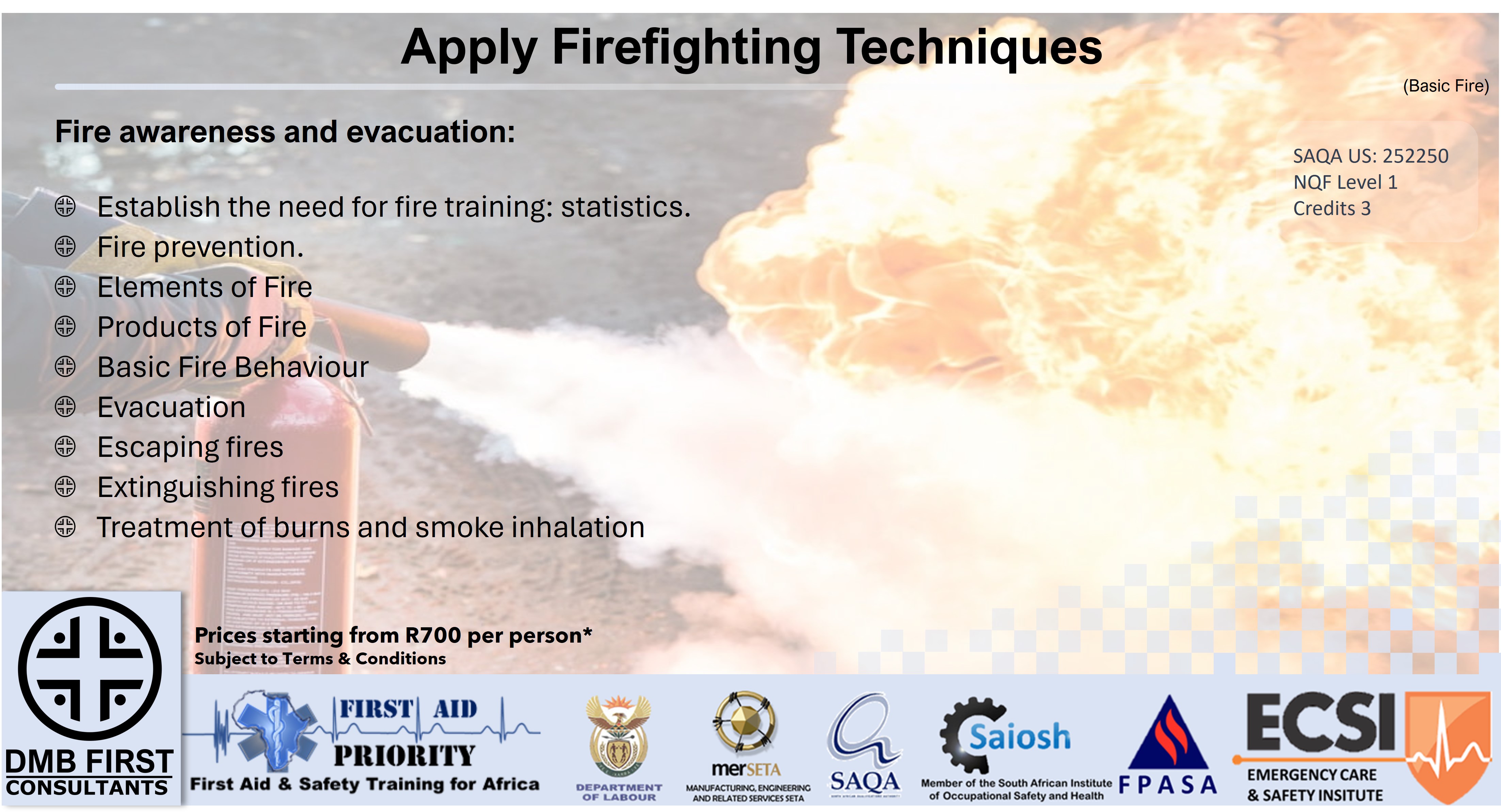Apply Firefighting Techniques course overview with fire extinguisher demonstration and list of topics covered.