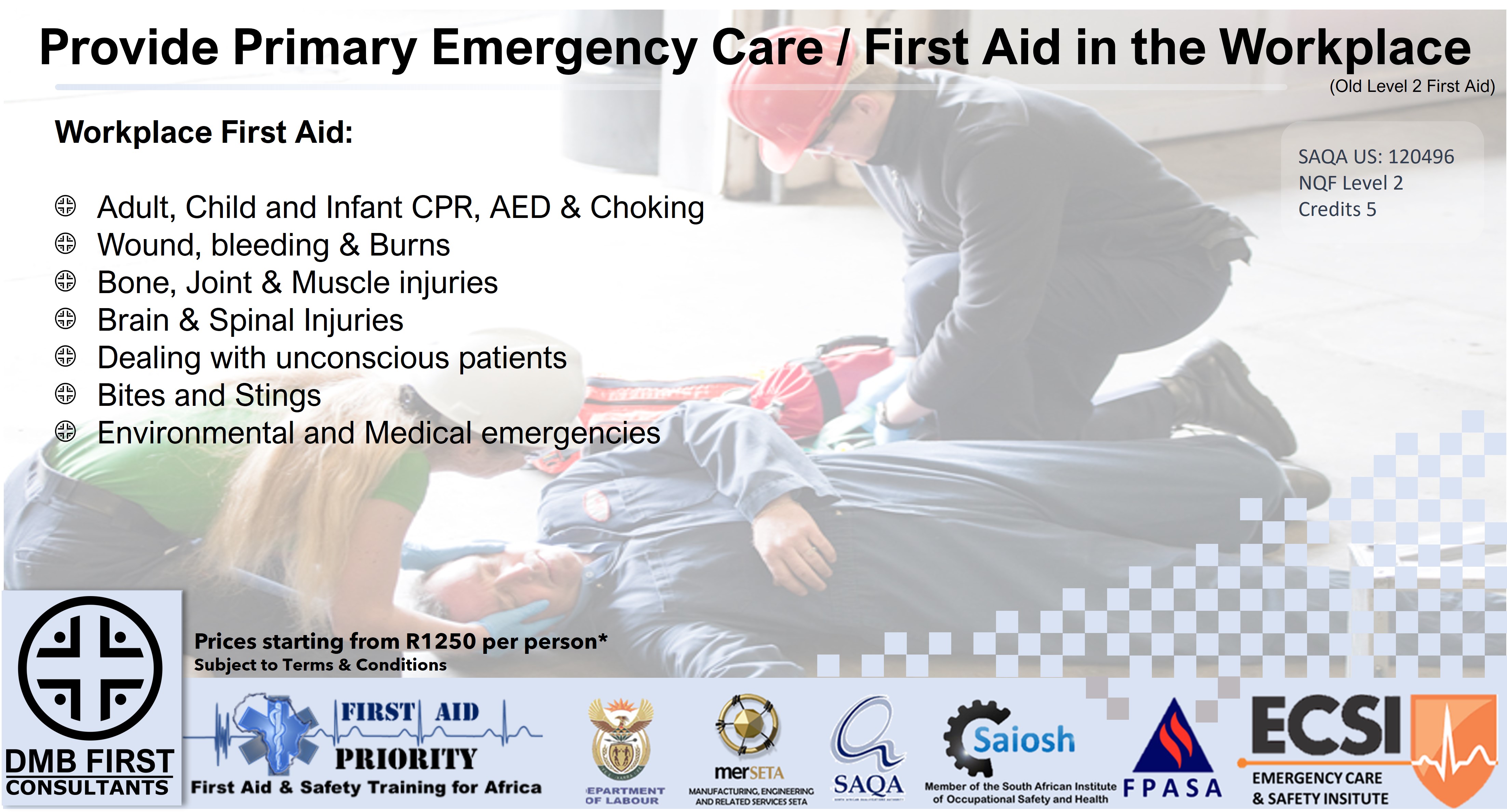 Provide Primary Emergency Care and First Aid in the Workplace course overview with CPR demonstration and list of topics covered.